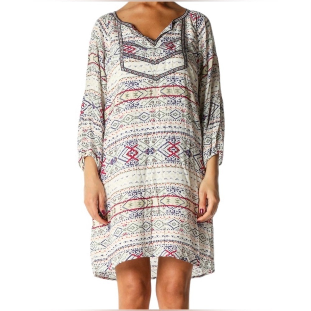 Skies are Blue Size Medium V-Neck Tunic Dress Aztec Print Embroidered Trim